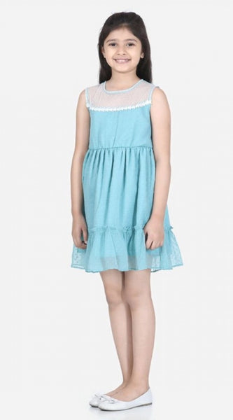 Mayawye Girl's Polyester Dobby Floral Printed Sleeveless Round Neck Dress (Blue)