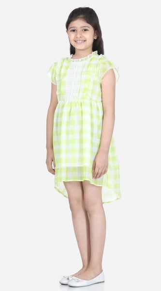Mayawye Girl's Polyester Chiffon Solid Short Sleeve Round Neck Dress (Lime Green)
