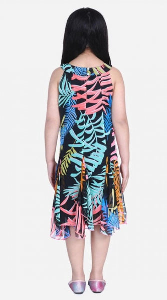 Mayawye Girl's Polyester Crepe Floral Printed Sleeveless Round Neck Dress (Multicolor)