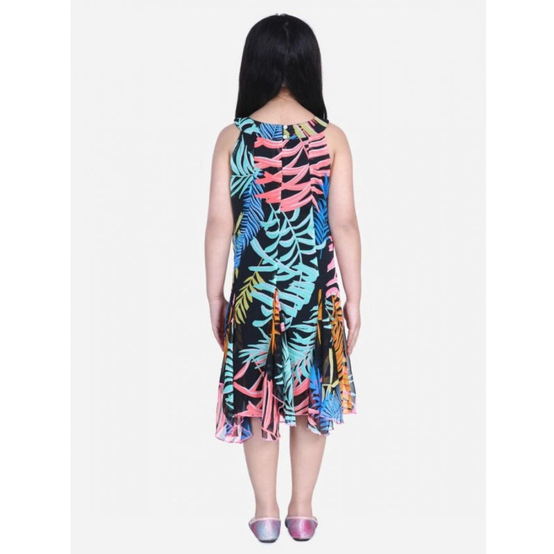 Mayawye Girl's Polyester Crepe Floral Printed Sleeveless Round Neck Dress (Multicolor)