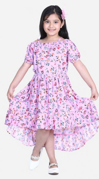 Mayawye Girl's Rayon Solid Short Sleeve Shoulder Straps Dress (Light Pink)