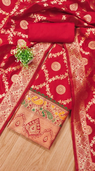 Mayawye Women's Banarasi Silk Printed Unstitched Salwar Suit Material With Dupatta (Red, 3Mtrs)