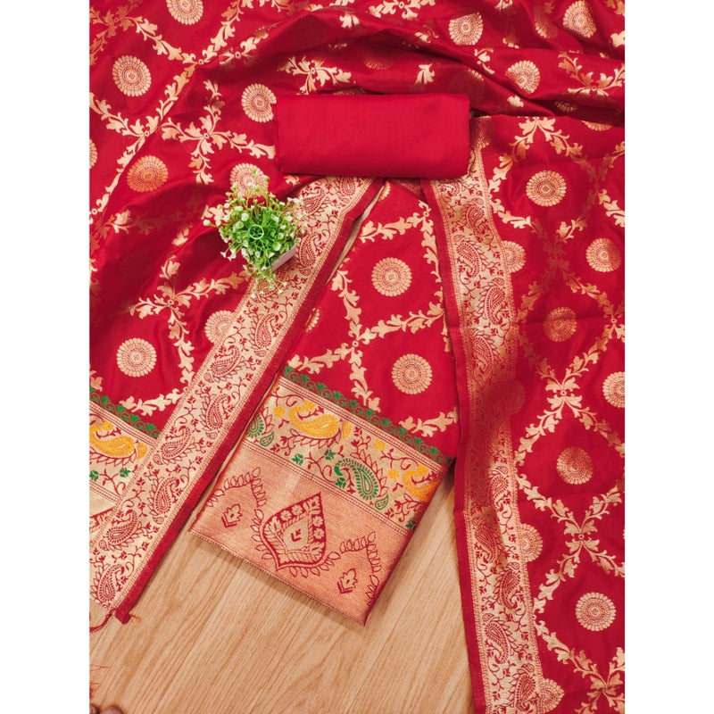 Mayawye Women's Banarasi Silk Printed Unstitched Salwar Suit Material With Dupatta (Red, 3Mtrs)