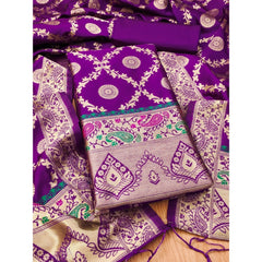 Mayawye Women's Banarasi Silk Printed Unstitched Salwar Suit Material With Dupatta (Purple, 3Mtrs)