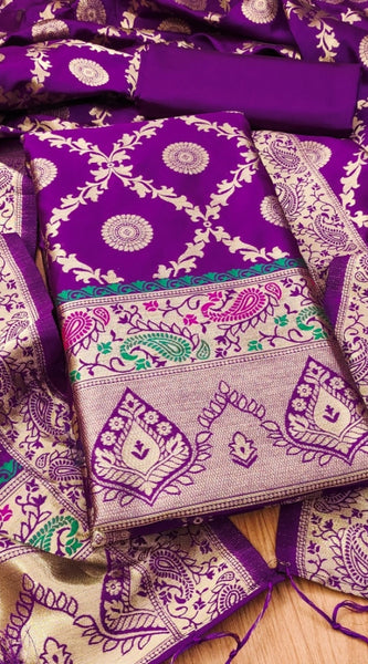 Mayawye Women's Banarasi Silk Printed Unstitched Salwar Suit Material With Dupatta (Purple, 3Mtrs)