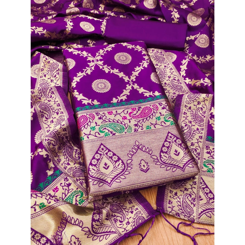 Mayawye Women's Banarasi Silk Printed Unstitched Salwar Suit Material With Dupatta (Purple, 3Mtrs)