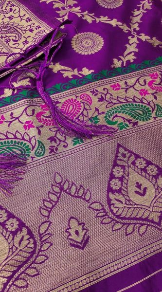 Mayawye Women's Banarasi Silk Printed Unstitched Salwar Suit Material With Dupatta (Purple, 3Mtrs)