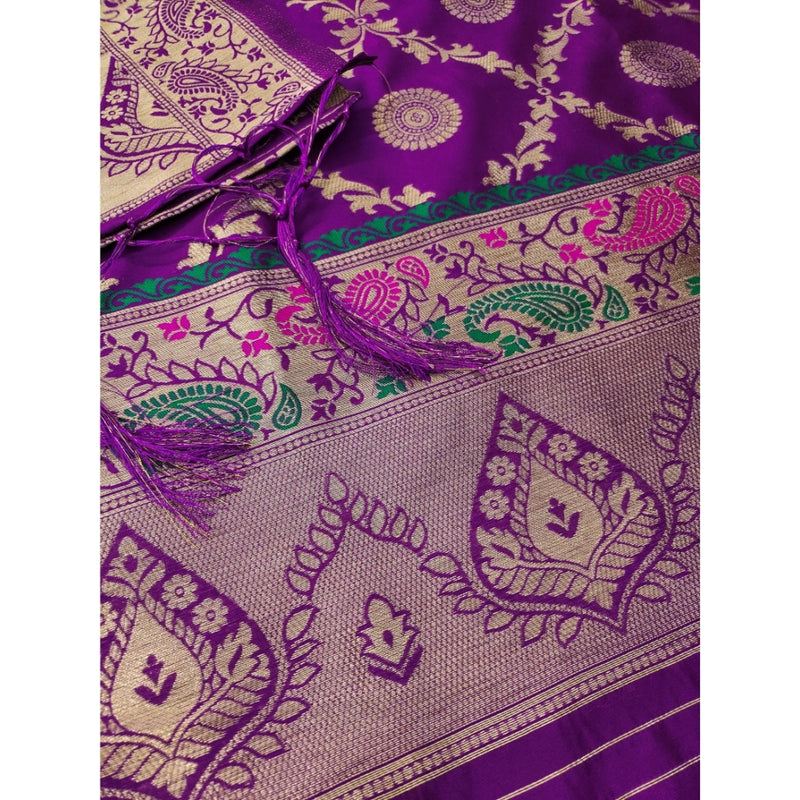 Mayawye Women's Banarasi Silk Printed Unstitched Salwar Suit Material With Dupatta (Purple, 3Mtrs)
