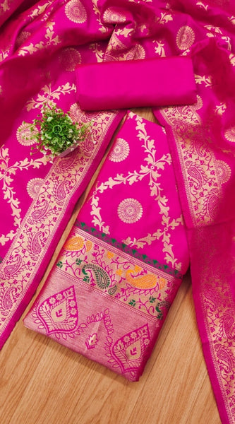 Mayawye Women's Banarasi Silk Printed Unstitched Salwar Suit Material With Dupatta (Pink, 3Mtrs)