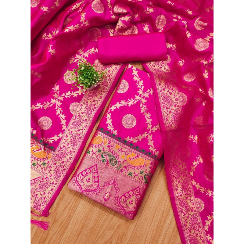 Mayawye Women's Banarasi Silk Printed Unstitched Salwar Suit Material With Dupatta (Pink, 3Mtrs)