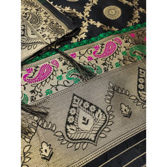 Mayawye Women's Banarasi Silk Printed Unstitched Salwar Suit Material With Dupatta (Black, 3Mtrs)