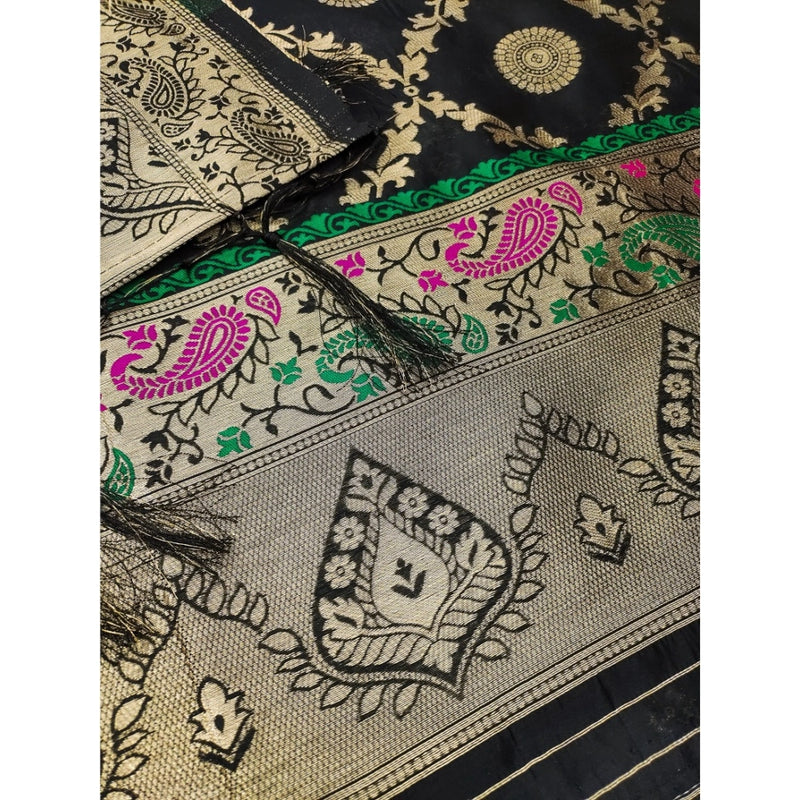 Mayawye Women's Banarasi Silk Printed Unstitched Salwar Suit Material With Dupatta (Black, 3Mtrs)