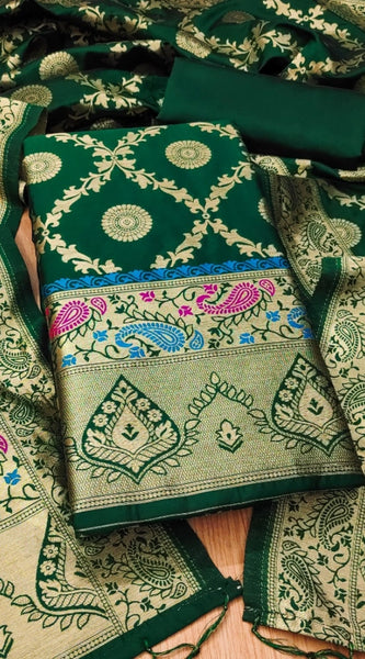 Mayawye Women's Banarasi Silk Printed Unstitched Salwar Suit Material With Dupatta (Bottle Green, 3Mtrs)