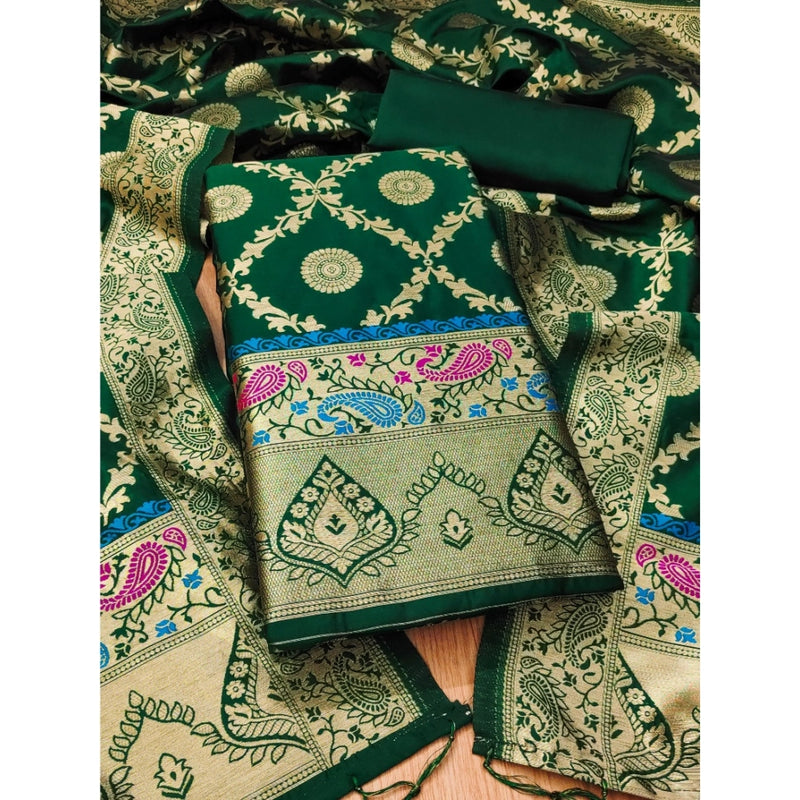 Mayawye Women's Banarasi Silk Printed Unstitched Salwar Suit Material With Dupatta (Bottle Green, 3Mtrs)
