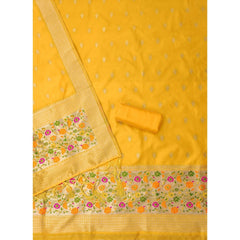 Mayawye Women's Banarasi Silk Printed Unstitched Salwar Suit Material With Dupatta (Yellow, 3Mtrs)