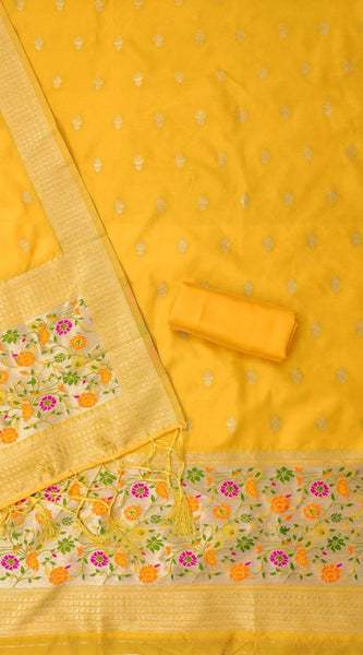 Mayawye Women's Banarasi Silk Printed Unstitched Salwar Suit Material With Dupatta (Yellow, 3Mtrs)