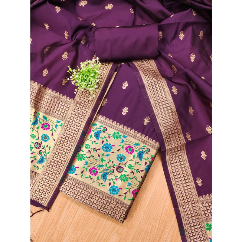 Mayawye Women's Banarasi Silk Printed Unstitched Salwar Suit Material With Dupatta (Wine, 3Mtrs)