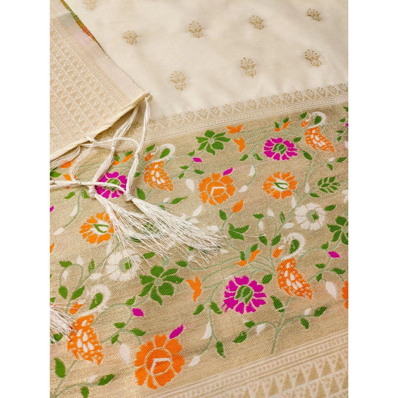 Mayawye Women's Banarasi Silk Printed Unstitched Salwar Suit Material With Dupatta (White, 3Mtrs)