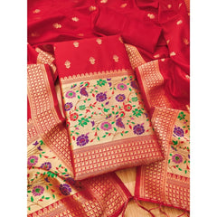 Mayawye Women's Banarasi Silk Printed Unstitched Salwar Suit Material With Dupatta (Red, 3Mtrs)