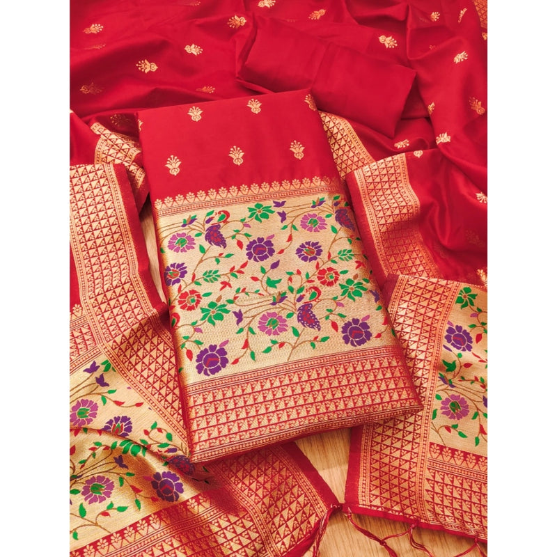 Mayawye Women's Banarasi Silk Printed Unstitched Salwar Suit Material With Dupatta (Red, 3Mtrs)