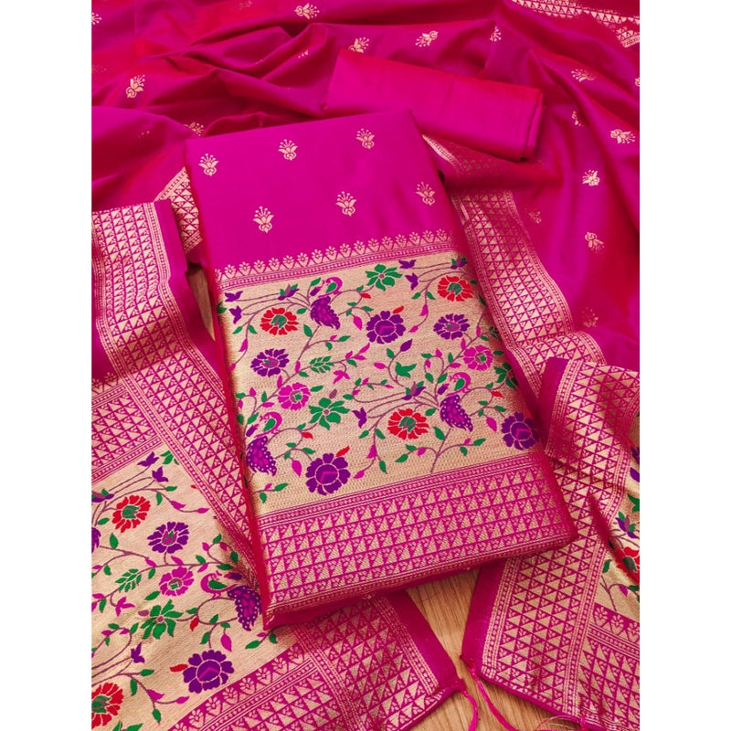 Mayawye Women's Banarasi Silk Printed Unstitched Salwar Suit Material With Dupatta (Pink, 3Mtrs)