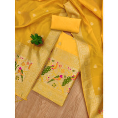 Mayawye Women's Banarasi Silk Printed Unstitched Salwar Suit Material With Dupatta (Yellow, 3Mtrs)