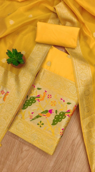 Mayawye Women's Banarasi Silk Printed Unstitched Salwar Suit Material With Dupatta (Yellow, 3Mtrs)
