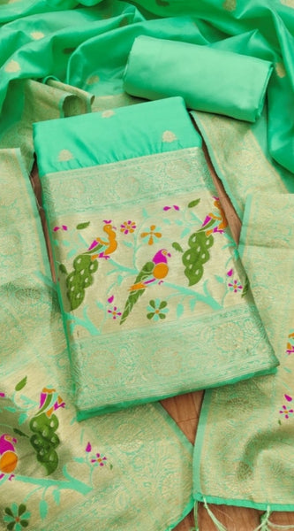 Mayawye Women's Banarasi Silk Printed Unstitched Salwar Suit Material With Dupatta (Sea Green, 3Mtrs)