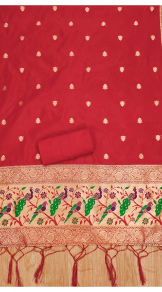 Mayawye Women's Banarasi Silk Printed Unstitched Salwar Suit Material With Dupatta (Red, 3Mtrs)