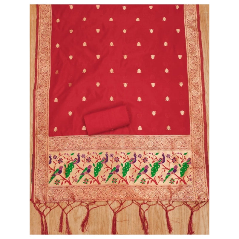 Mayawye Women's Banarasi Silk Printed Unstitched Salwar Suit Material With Dupatta (Red, 3Mtrs)