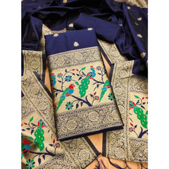 Mayawye Women's Banarasi Silk Printed Unstitched Salwar Suit Material With Dupatta (Navy Blue, 3Mtrs)