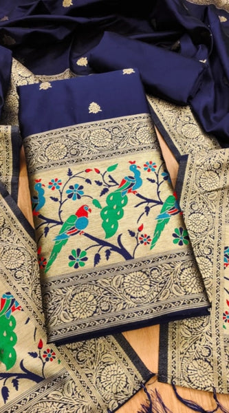 Mayawye Women's Banarasi Silk Printed Unstitched Salwar Suit Material With Dupatta (Navy Blue, 3Mtrs)