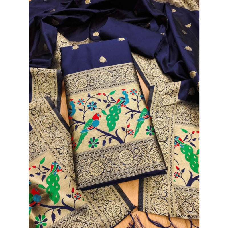 Mayawye Women's Banarasi Silk Printed Unstitched Salwar Suit Material With Dupatta (Navy Blue, 3Mtrs)