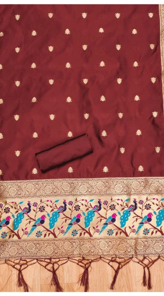 Mayawye Women's Banarasi Silk Printed Unstitched Salwar Suit Material With Dupatta (Maroon, 3Mtrs)