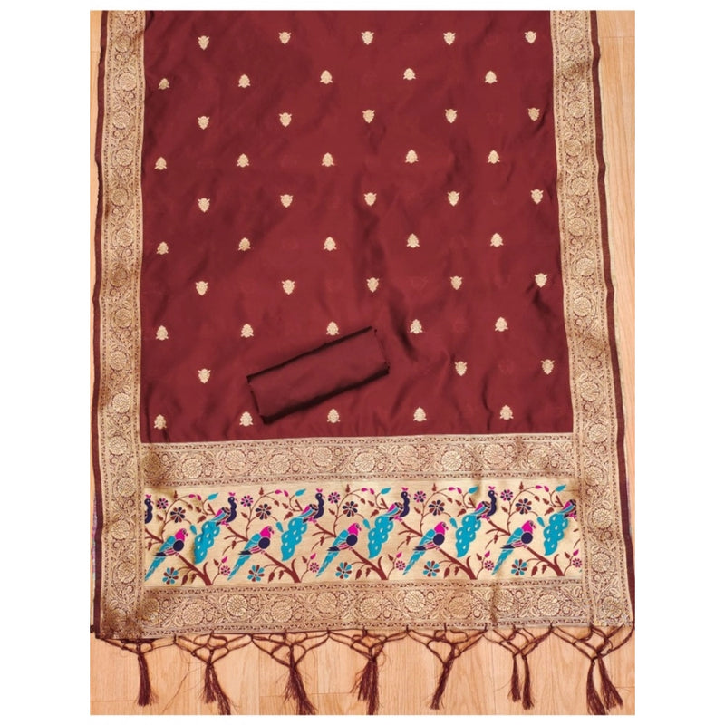 Mayawye Women's Banarasi Silk Printed Unstitched Salwar Suit Material With Dupatta (Maroon, 3Mtrs)