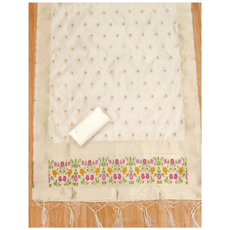 Mayawye Women's Banarasi Silk Printed Unstitched Salwar Suit Material With Dupatta (White, 3Mtrs)