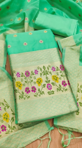 Mayawye Women's Banarasi Silk Printed Unstitched Salwar Suit Material With Dupatta (Sea Green, 3Mtrs)