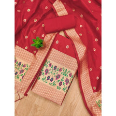 Mayawye Women's Banarasi Silk Printed Unstitched Salwar Suit Material With Dupatta (Red, 3Mtrs)