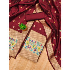 Mayawye Women's Banarasi Silk Printed Unstitched Salwar Suit Material With Dupatta (Maroon, 3Mtrs)