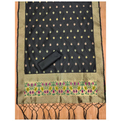 Mayawye Women's Banarasi Silk Printed Unstitched Salwar Suit Material With Dupatta (Black, 3Mtrs)