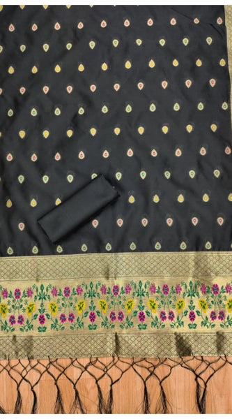 Mayawye Women's Banarasi Silk Printed Unstitched Salwar Suit Material With Dupatta (Black, 3Mtrs)