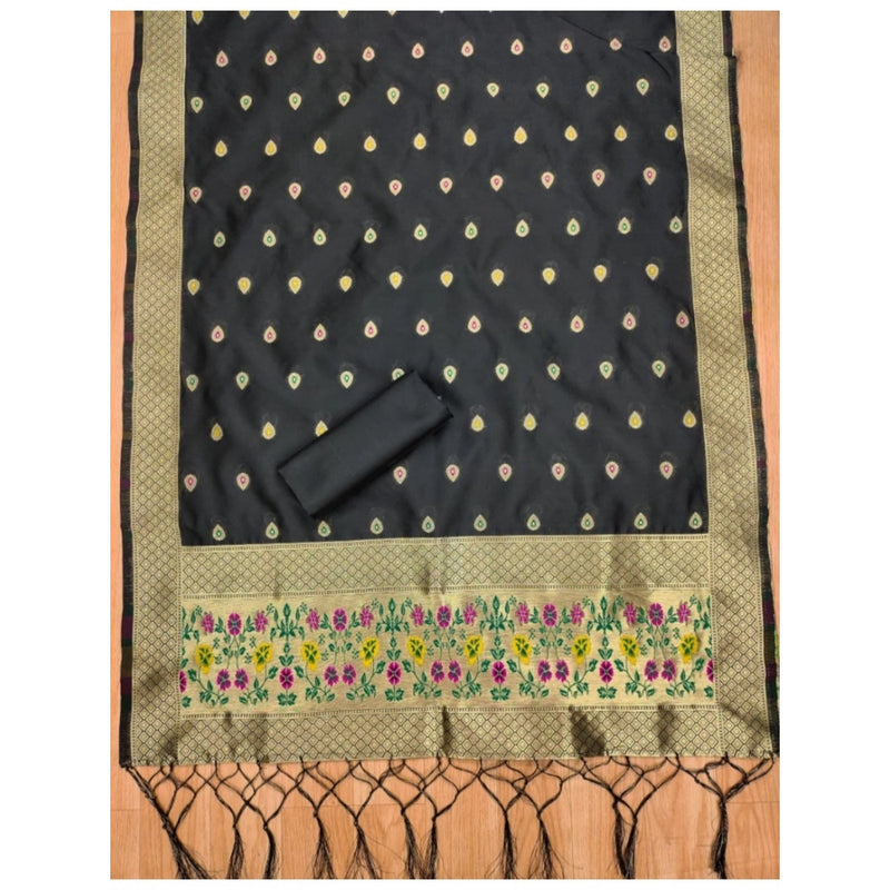 Mayawye Women's Banarasi Silk Printed Unstitched Salwar Suit Material With Dupatta (Black, 3Mtrs)