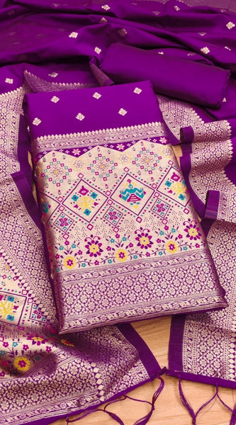 Mayawye Women's Banarasi Silk Printed Unstitched Salwar Suit Material With Dupatta (Purple, 3Mtrs)