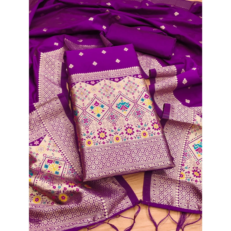 Mayawye Women's Banarasi Silk Printed Unstitched Salwar Suit Material With Dupatta (Purple, 3Mtrs)