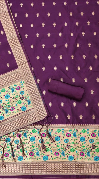 Mayawye Women's Banarasi Silk Printed Unstitched Salwar Suit Material With Dupatta (Wine, 3Mtrs)