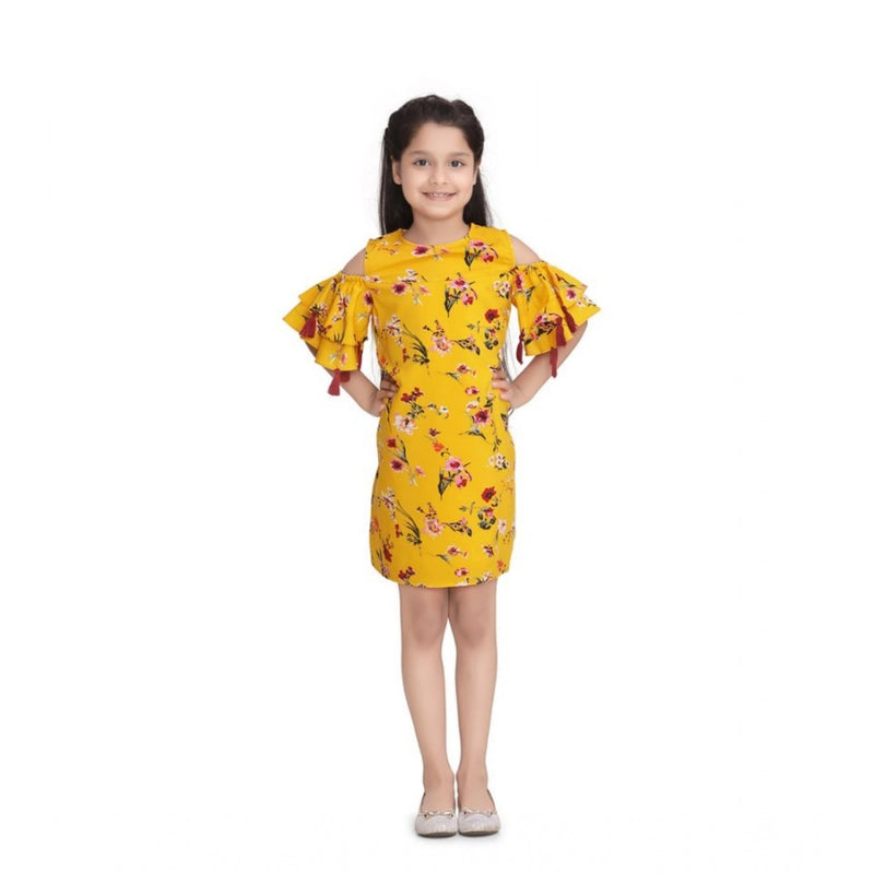 Mayawye Girl's Polyester Crepe Floral Printed Long Sleeve Round Neck Dress (Yellow)