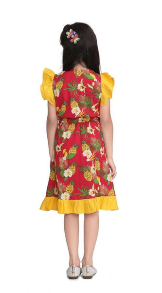 Mayawye Girl's Cotton Printed Cold Shoulder V-Neck Dress (Pink)