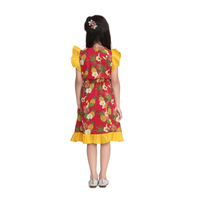Mayawye Girl's Cotton Printed Cold Shoulder V-Neck Dress (Pink)