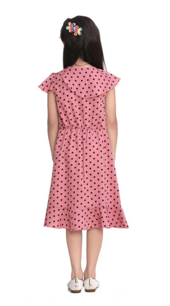 Mayawye Girl's Polyester Crepe Printed Flutter V-Neck Dress (Pink)