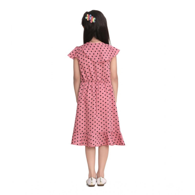Mayawye Girl's Polyester Crepe Printed Flutter V-Neck Dress (Pink)